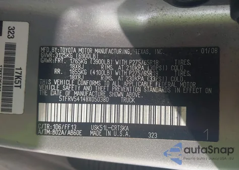 2008 Toyota Tundra Sr5 5.7L V8 z USA, uszkodzony, nr VIN 5TFRV54148X050380